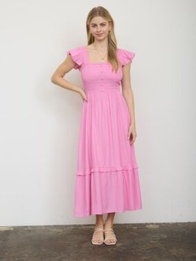 Mock Button Down Smocked Ruffle Detail Midi Dress